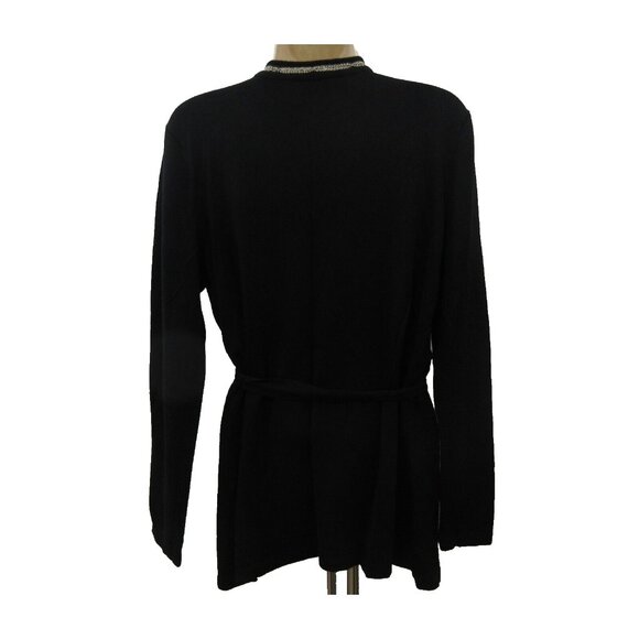 Jones New York Cardigan Sweater Womens Medium Black Silver Chain Open Front Belt - Picture 2 of 9